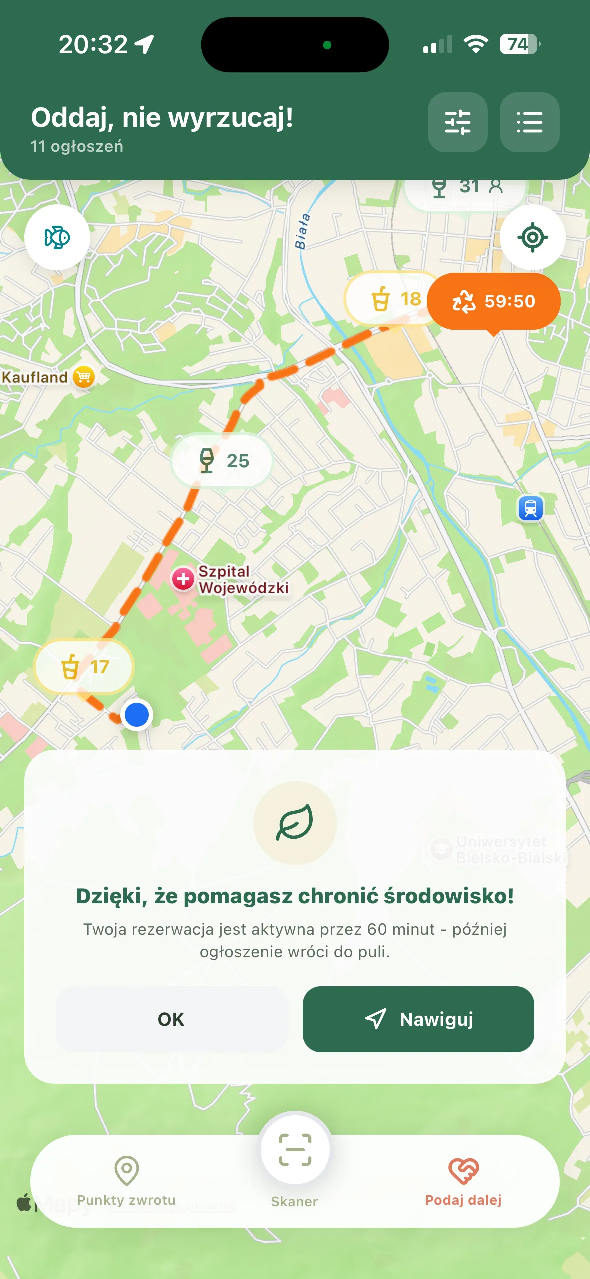 Ekran aktywnej rezerwacji w aplikacji Botlo