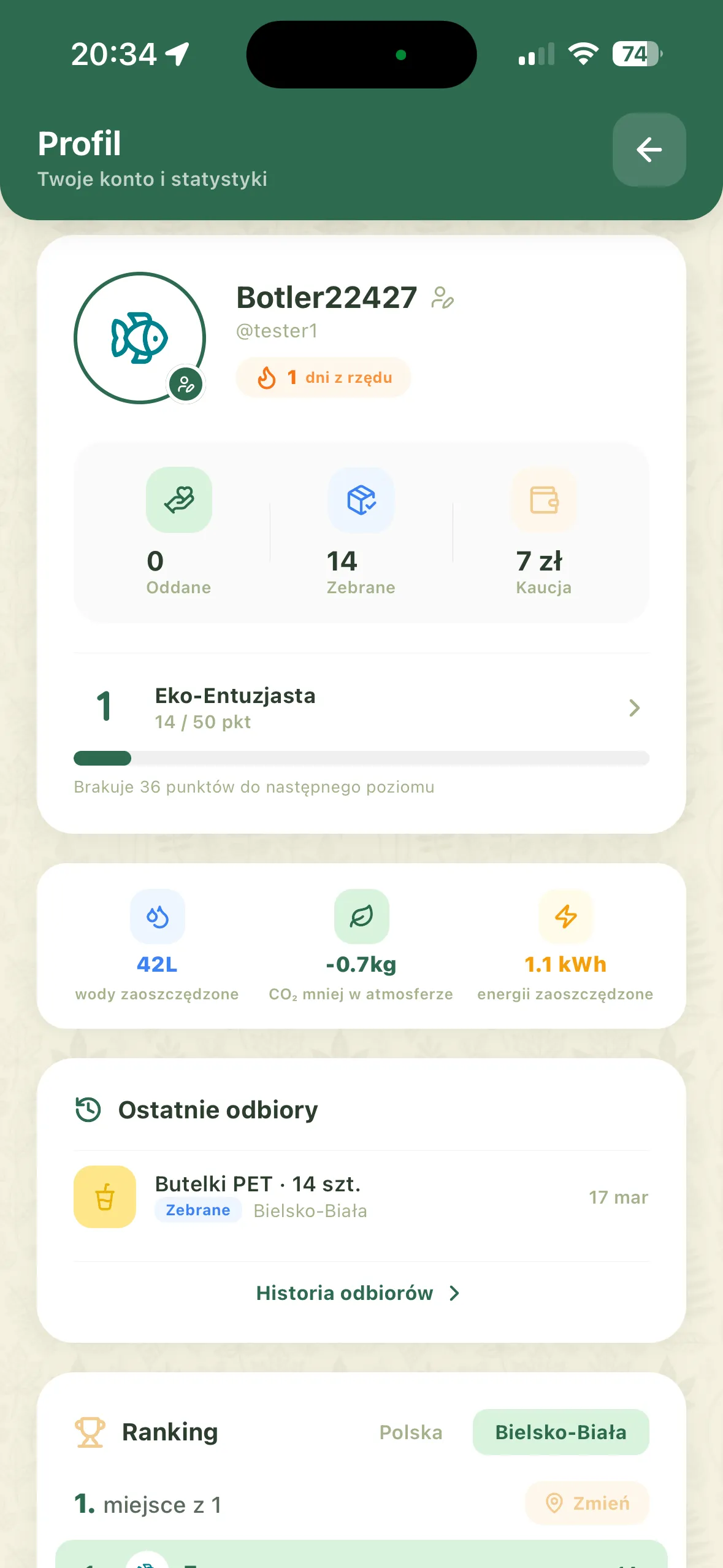 Ekran profilu w aplikacji Botlo