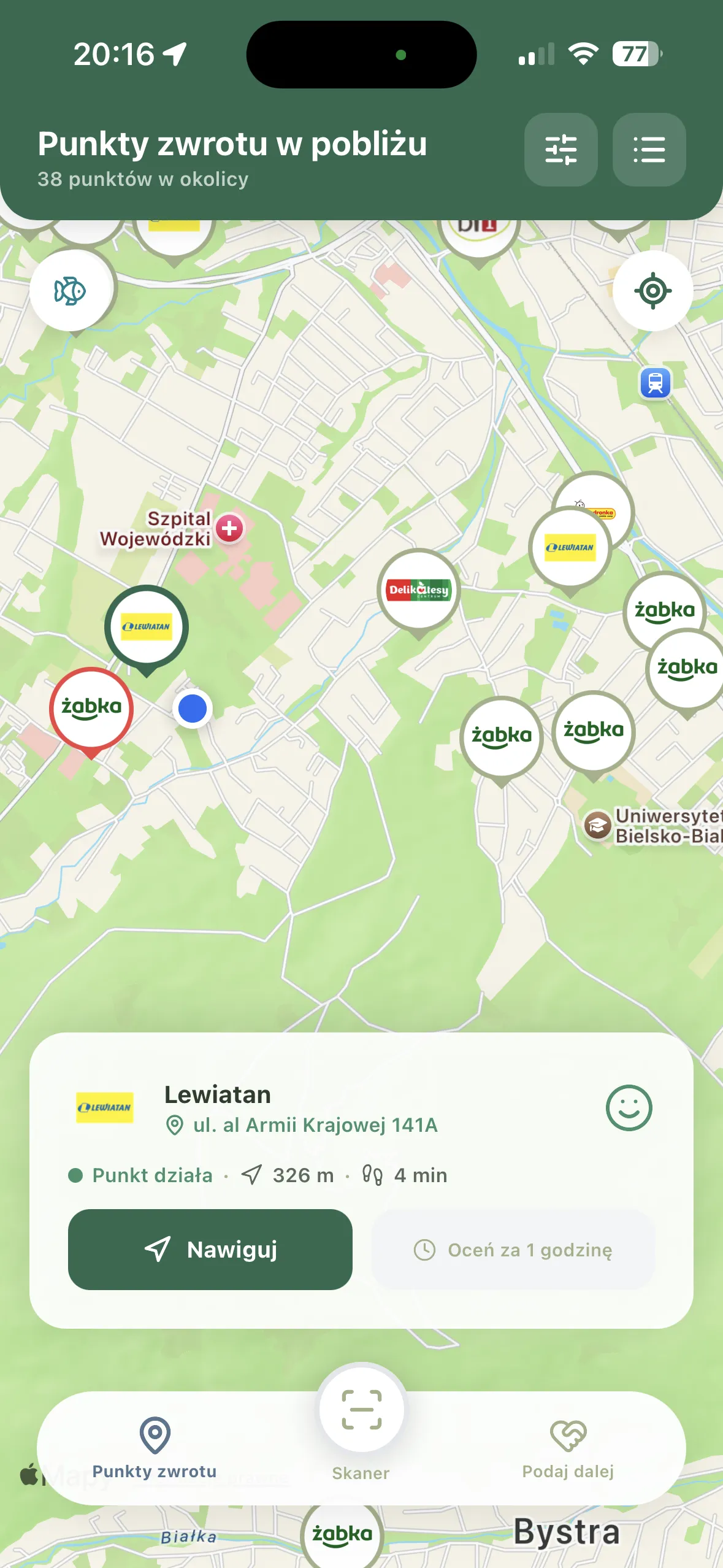 Mapa punktów zwrotu w aplikacji Botlo